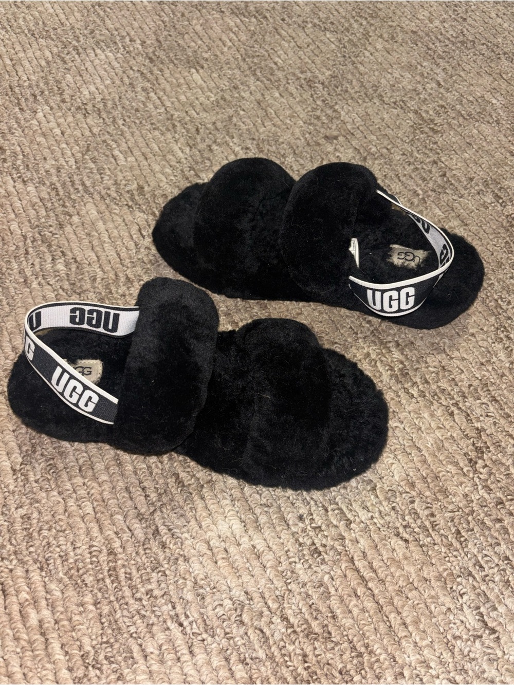 UGG Black Plush Logo Backstrap Slides
